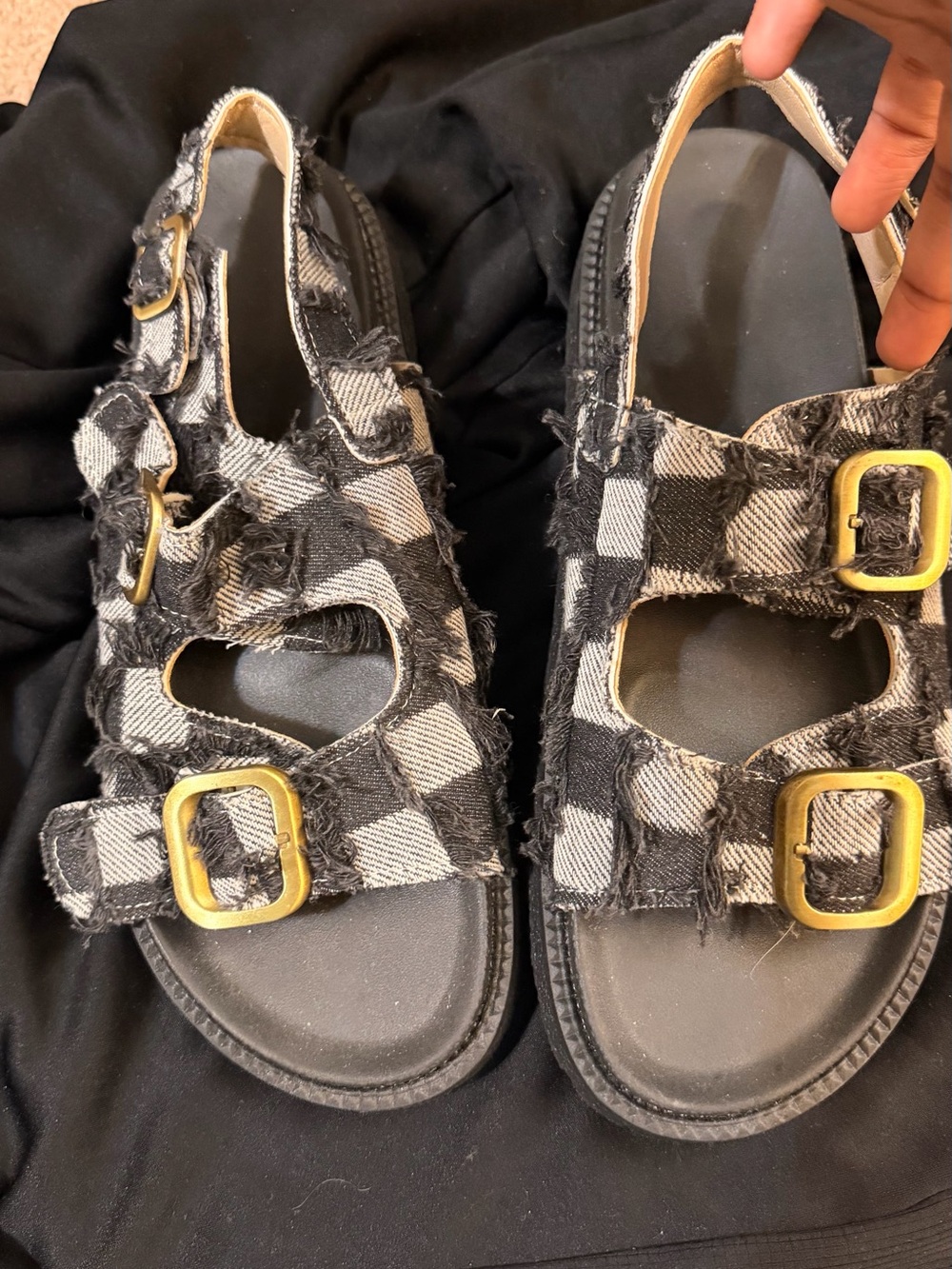 Women Black & White Plaid Buckle Sandals - Youth Casual